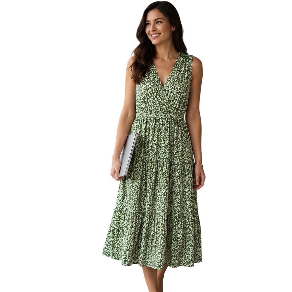 Max Studio Tiered Midi Dress Womens XL Green Floral Elastic Waist Boho Prairie